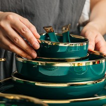 북유럽 에메랄드 그린 골드라인 그릇 접시 딥플레이트 2P 세트, 에메랄드  7.5인치 국그릇(2개)