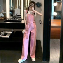 KORELAN 서양식 감령 심기 작고 키가 커 보이는 핑크 멜빵바지 세트 여성 여름 2종 세트 트렌디