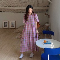 하와이원피스 다낭 원피스 동남아 발리 휴양지커플룩 해외여행룩 동남아여행룩 해외여행여름옷 여성 여름 세련된 롱 격자 무늬 복장 벨트 빈티지 퍼프 슬리브 스퀘어 칼라 미디 드레스 프랑