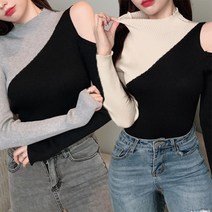 _ 배색 어깨트임 오프숄더 긴팔 니트 데일리 긴팔티