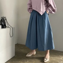 [비비애르] 데님 밴딩 와이드 치마 바지 통바지 청팬츠 심플한 이지룩 연청 진청 편한바지