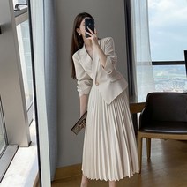 JUSTFEELING 80kg까지 빅사이즈 플리츠 슬림 정장 롱 여성 원피스