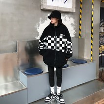 기본핏 여성 바둑 체커 보드 패딩 두툼한 빅사이즈 하프 후드 패션 커플룩 점퍼 니뽄스타일 캐주얼