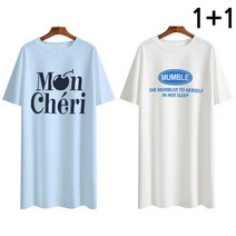 엠제이스타 1+1 여성 체리 멈블 여름 반팔 루즈핏 롱 레터링 티셔츠 2P
