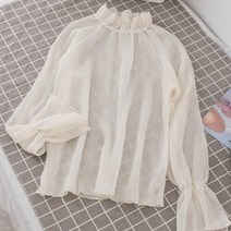 둥근카라블라우스 셔츠 여성 시폰 솔리드 카와이 터틀넥 플레어 슬리브 셔츠 유행 여성 모든 경기 한국 스타일 우아한 세련된 귀여운