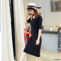 여자 면혼방 무릎기장 7부 소매 미디 원피스 베이직