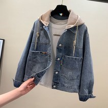 JUSTFEELING 빅사이즈 후드 데님자켓 오버핏 긴팔 여성 청잠바 자수 레터링 편안한 코트 데일리