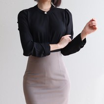 루즈디 진주 버튼 헨리넥 쉬폰 긴팔 블라우스 (4컬러)