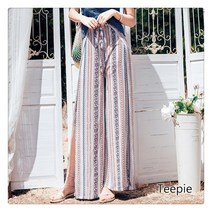 티피 여성 태국의 에스닉 트임 와이드 팬츠 여자 여름 루즈핏 스트라이프 바지 보헤미안 바캉스 비치 시폰 치마바지