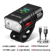 자전거 라이트 전조등 후미등 t6 led 프론트 usb 충전식 mtb 산악 램프 1000lm 헤드 사이클링 손전등 액세서리, 더블 램프 블랙
