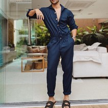 남자점프수트점프슈트작업복멜빵작업복 남성 솔리드 컬러 점프 슈트 Playsuit 버튼 캐주얼 카고 스타일 오버올 턴 다운 칼라 긴 소매 슬림 피트 하이 웨이스트 팬츠 스포츠 아웃도, [05] XXXL, [01] 1, [02] 다크 블루