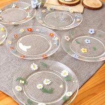 플라워 프린팅 글라스 플레이트 디저트 레트로 감성 홈카페 유리 접시 (6type), 꼬마플라워, 1개