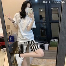 JUST FEEL!NG 여자 여름 트레이닝복 여름 스트리트 패션 화이트 티셔츠 숏팬츠 데일리 투피스