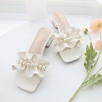 데이프릴 벨라 여성 셔링 진주 스퀘어 뮬 슬리퍼 블로퍼 힐 4.5cm