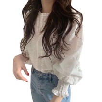 블라우스쇼핑몰 봄블라우스 화이트 우아한 여성 레이스 블라우스 쉬폰 셔츠 여름 스위트 솔리드 컬러 퍼프 슬리브 블라우스 루즈한 캐주얼 상의