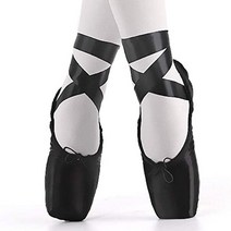 발레토슈즈 성인 취미여자 발레 포인트 신발 전문 발레리나 연습 부드러운 새틴 캔버스 슈즈 리본 포함, 검은색, 40