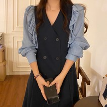 [랜덤플레이] 레트로 어깨 프릴 투버튼 트렌치 원피스