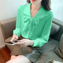 브이넥 리본 쉬폰블라우스 빅사이즈 여성 셔츠 블라우스 긴팔 남방 기본 베이직셔츠