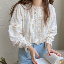 봄 여성 옷 초가을 프랑스 복고풍 문학 법원 스타일 자수 레이스 스티치 라운드 넥 긴팔 셔츠