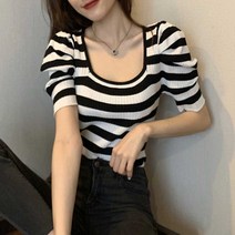 협력브랜드 여성 여름 오피스 출퇴근룩 코디 벌룬 반팔 니트티