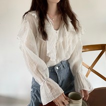라라벨 여성용 블라우스 모린 브이넥 무지 프릴 로맨틱 데일리 하객룩 긴팔 블라우스