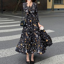 다이뻐 리틀깽스 44~77 랩스타일 브이넥 기하학패턴 간절기 가을 겨울 퍼프소매 긴팔 A라인 쉬폰 프릴롱원피스