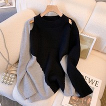 SJW 봄가을 배색 니트 라운드 언발 오프숄더 어깨트임 슬림핏 긴팔 스웨터 여성상의 빅사이즈 L~4XL