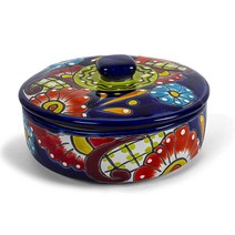 FESTMEX 정품 멕시코 탈라베라 핸드 페인팅 토르티예로 세라믹 토르티야 워머 볼 뚜껑 포함 멕시코에서 장인이 수작업으로 제작 (꽃무늬)