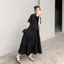 캐주얼 원피스 여성 드레스 루즈한 올 매치 5XL 심플한 프레피 스타일 보우 솔리드 블랙 데일리 프릴 스위트 시크 얼짱 여름 신상품