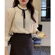 링클 기모 레이스 벨벳 리본 블라우스
