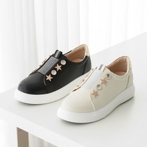 프리티슈 천연가죽 큐빅 보석 글리터 밴드 쿠션 여성 슬립온 스니커즈 단화 3.5cm