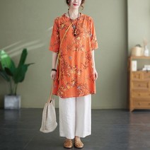 빅사이즈반팔와이셔츠 2022 봄 여름 단아한 라운드넥 스트랩 반팔셔츠 면린넨 플라워 프린팅 티 유니폼 4578517233