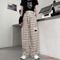 봄과 가을 느슨한 격자 무늬 넓은 다리 바지 여성 스키니 펌핑 로프 다리 드롭 베어 캐주얼 바지