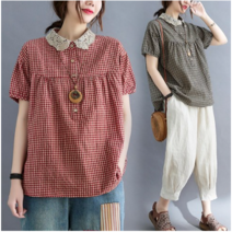 40대 미시 깅엄 고방 체크 펀칭 레이스 자수 둥근카라 A라인 블라우스 30대 77까지