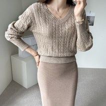 바이단미 여성용 베이직 스웨터 브이넥 케이블 니트