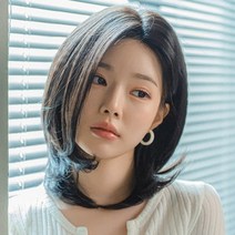 중단발 중단발펌 여성 수제 통가발 긴앞머리 미디움 허쉬컷 여자가발, S, 내츄럴블랙
