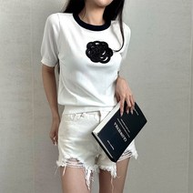 탑보그 라운드넥 배색 플라워 반팔 니트(2컬러)