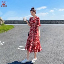 셀럽당 여성 원피스 레드 플라워 쉬폰 여름 미디 a라인 비치 스커트
