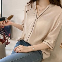 아이엠몽 여성 기본 빅사이즈 노카라 셔츠 스티치 라인 심플한 브이넥 반팔 린넨 루즈핏 블라우스 라일로
