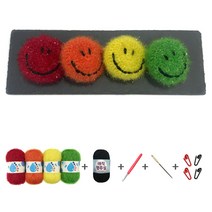 스마일 수세미 만들기 DIY 세트 국산수세미실 4볼+블랙실 1볼+코바늘+돗바늘+단수링 뜨개질 패키지, 레인보우칼라(레드+오렌지+옐로우+옐로우그린)