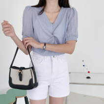 브이와이 VY 여자 펌킨 트위스트 소매 반소매 블라우스