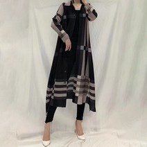 miyake 주름 새로운 hgh-end 프랑스 셔츠 드레스 패션 체크 무늬 충돌 색상 옷깃 느슨한 중간 길이 카디건 성용 코트 름