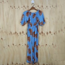 빈티지다온 코즈잇 야자수 오프숄더 밴딩 면 점프수트 블루 F