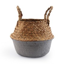 라틴바구니 원형 이케아 다이소 뚜껑있는 라탄 바구니 boho home handmade bamboo storage baskets 세탁 빨대 패치워크 wicker 등나무 osier, 회색, 22cmx20cm