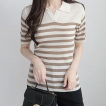 제니트 여성용 기본핏 칼라넥 반오픈 스트라이프 하프 카라단 반팔 골지 니트 n1855