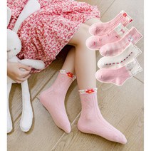 뿜뿜삭스 여아용 핑크 풍선 토끼 중목 양말 E14 5켤레 세트