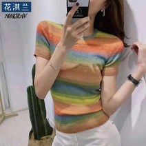 슬림핏 반팔티셔츠 블러킹 줄무늬 얇은 에어매쉬 이너니트 여성 봄 여름 날씬해 보이는 티셔츠상의 3518558053