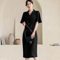 시크라인 노치드 카라 날개소매 더블버튼 원피스