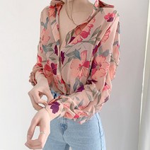 쉬블림로브 카라 퍼프 소매 셔링 러플 플라워 패턴 블라우스 리체 GW1122