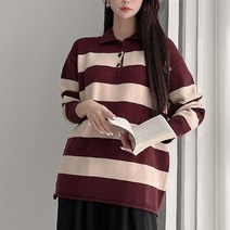 뜨개진 여성용 루즈핏 스트라이프 카라 버튼 셀라스 카라넥 니트